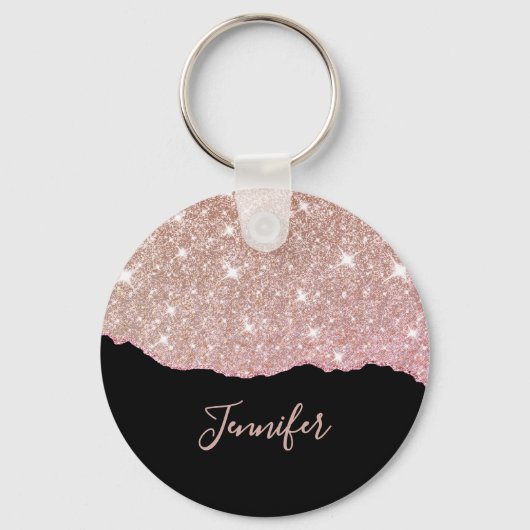Roze Gouden Roze Glitter Agate Aangepaste Naam Mon Sleutelhanger (Voorkant)