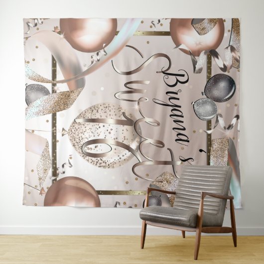 Roze Gouden Roze Glitter Ballonnen Sweet 16 Achter Wandkleed (In Situ (horizontaal))