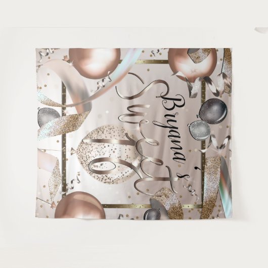 Roze Gouden Roze Glitter Ballonnen Sweet 16 Achter Wandkleed (Voorkant (horizontaal))