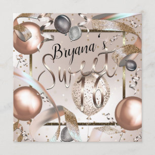 Roze Gouden Roze & Glitter Ballonnen Sweet 16 Fees Kaart
