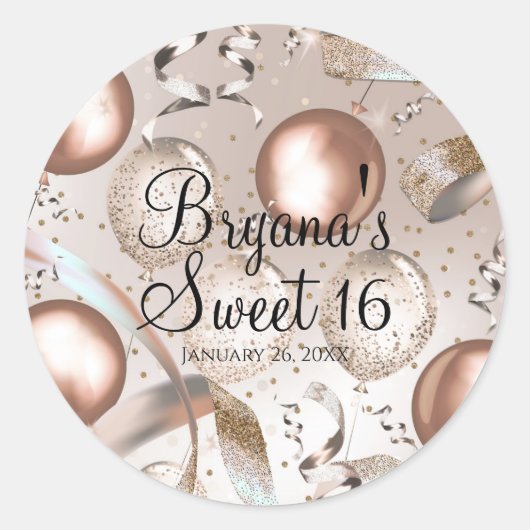 Roze Gouden Roze & Glitter Ballonnen Sweet 16 Fees Ronde Sticker (Voorkant)