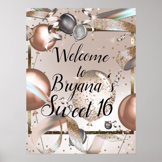 Roze Gouden Roze Glitter Ballonnen Verjaardag Bord Poster (Voorkant)