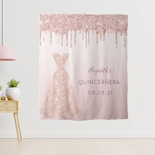 Roze gouden roze jurk Quinceanera Wandkleed