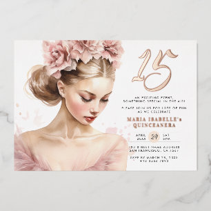 Roze Gouden Roze Prinses Quinceañera Verjaardagsfe Folie Uitnodiging