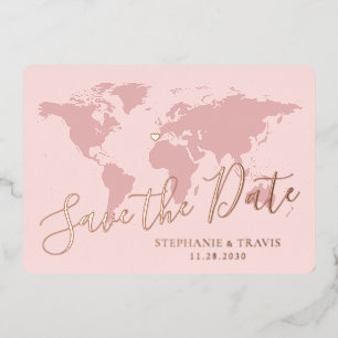 Roze Gouden Roze Wereldkaart Save the Date Folie Uitnodiging