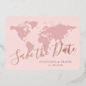Roze Gouden Roze Wereldkaart Save the Date Folie Uitnodiging (Voorkant)