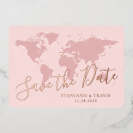 Roze Gouden Roze Wereldkaart Save the Date Folie Uitnodiging