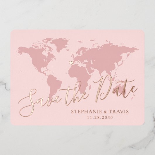 Roze Gouden Roze Wereldkaart Save the Date Folie Uitnodiging (Voorkant)