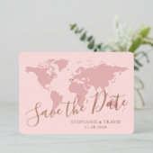 Roze Gouden Roze Wereldkaart Save the Date Folie Uitnodiging (Staand Voorkant)