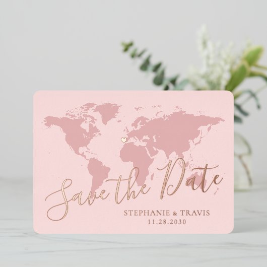 Roze Gouden Roze Wereldkaart Save the Date Folie Uitnodiging (Staand Voorkant)