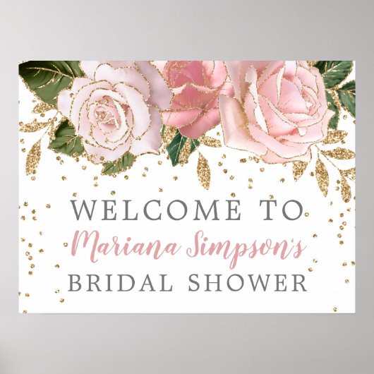 Roze Gouden Rozen Bruiloft Feest Welkom Bord Poster (Voorkant)