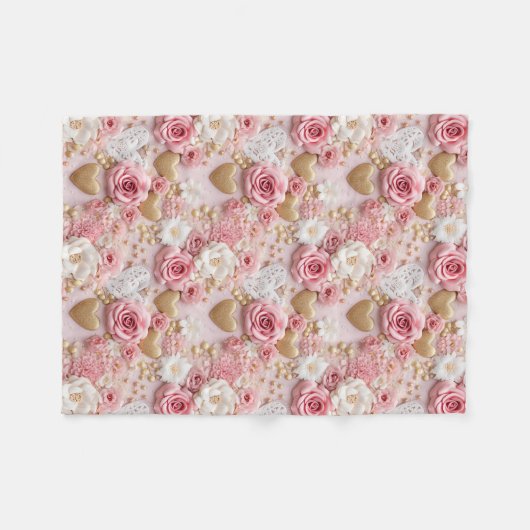 Roze Gouden Rozen Hart Fleece Deken (Voorkant (Horizontaal))