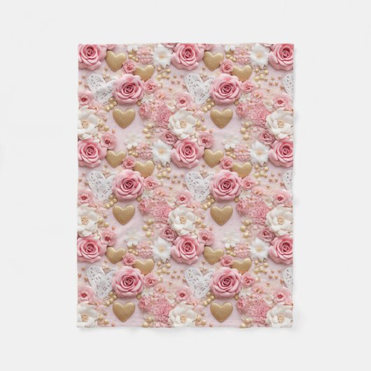 Roze Gouden Rozen Hart Fleece Deken (Voorkant)