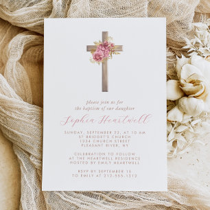 Roze Gouden Rozen Kruis Meisje Doop Kaart