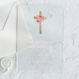 Roze Gouden Rozen Kruis Meisje Doopfeest Acryl Uitnodigingen