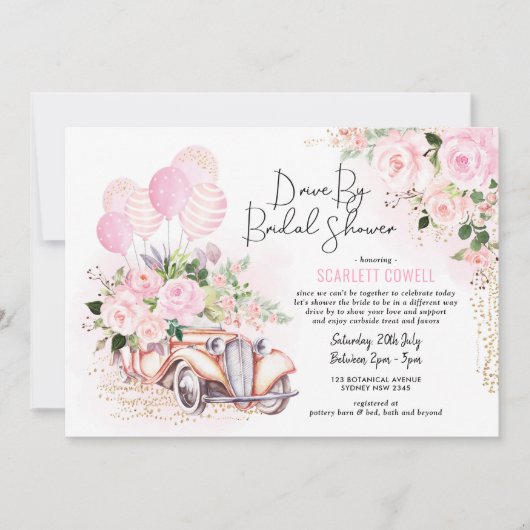 Roze Gouden Rozen Retro Car Drive met Vrijgezellen Kaart (Voorkant)