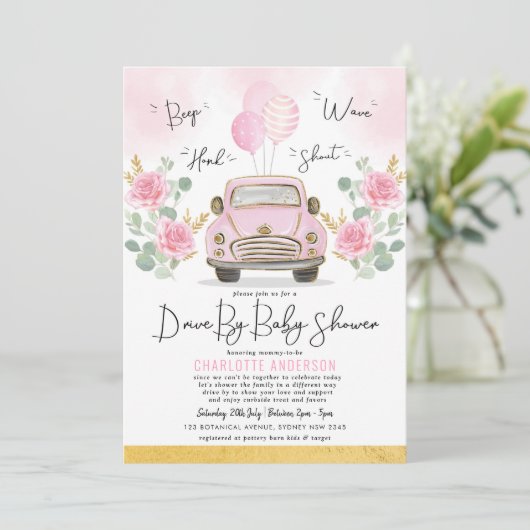 Roze gouden Rozen rijden door het Baby shower van  Kaart (Staand voorkant)