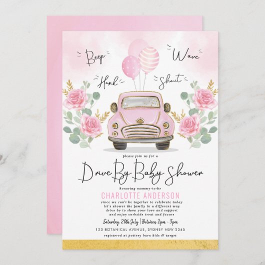 Roze gouden Rozen rijden door het Baby shower van  Kaart (Voorkant / Achterkant)