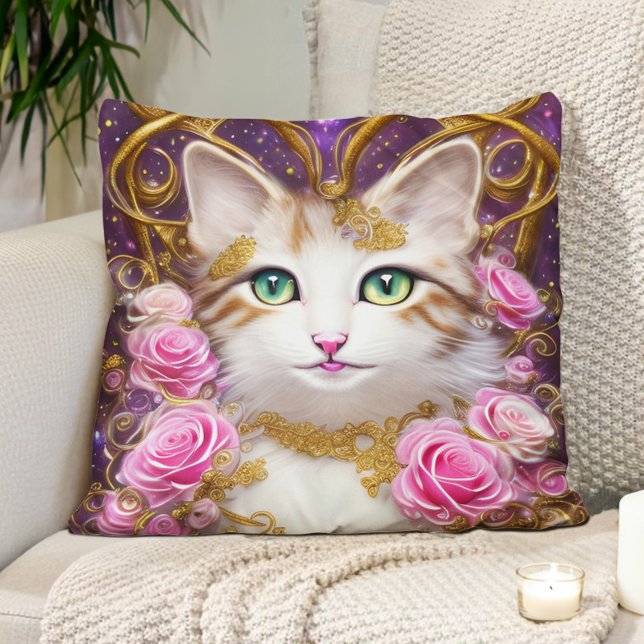 Roze Gouden Rozen Schilderij Van Kat Kussen (Cute cat, pink roses, gold, and purple pillow)