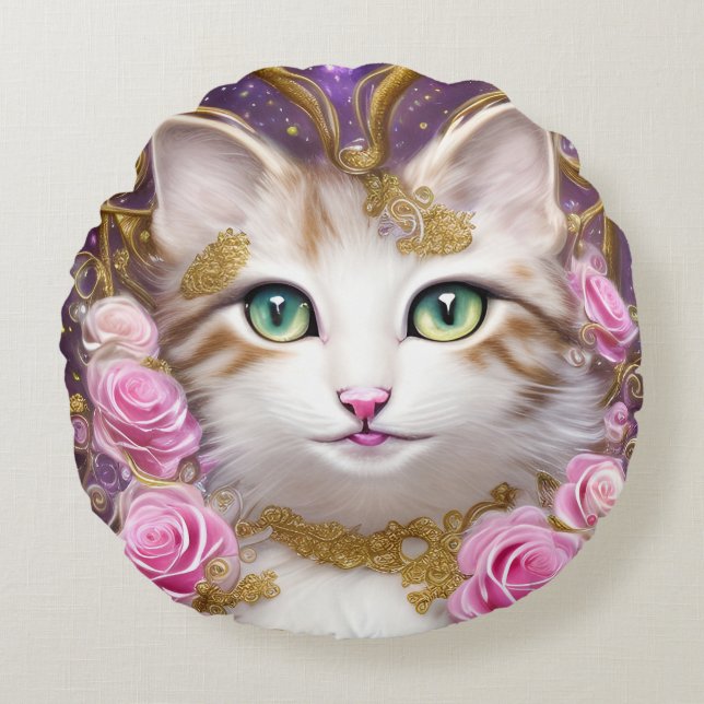 Roze Gouden Rozen Schilderij Van Kat Rond Kussen (Voorkant)