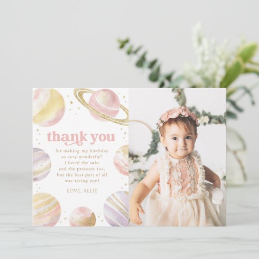 Roze Gouden Ruimte Verjaardags Dankkaart Kaart (Staand voorkant)