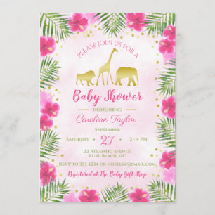 Roze Gouden Safari Dieren Bloemen Baby shower Kaart