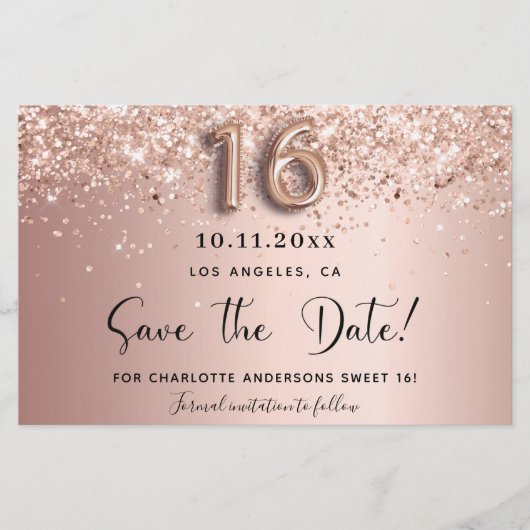 Roze gouden Save the Date kaart voor Sweet 16 (Voorkant)