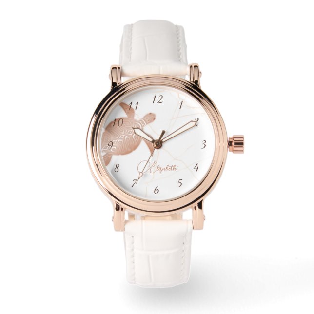 Roze Gouden Schildpad Wit Marmeren Monogram Horloge (Voorkant)