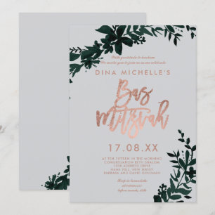 Roze gouden schrift Bloemengroen grijs bas mitzvah Kaart