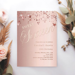 Roze gouden schriftsterren moderne Sweet 16 Folie Uitnodiging