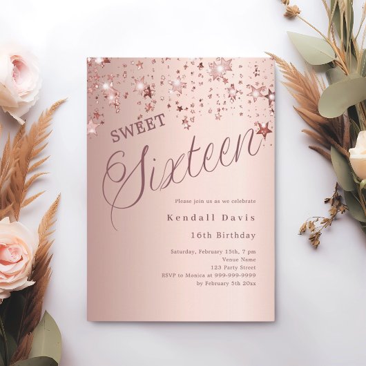 Roze gouden script sterren moderne Sweet 16 Kaart