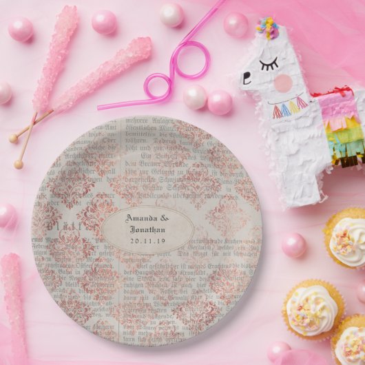 Roze Gouden Shabby-Chic Bruiloft Papieren Bordje (Feest)