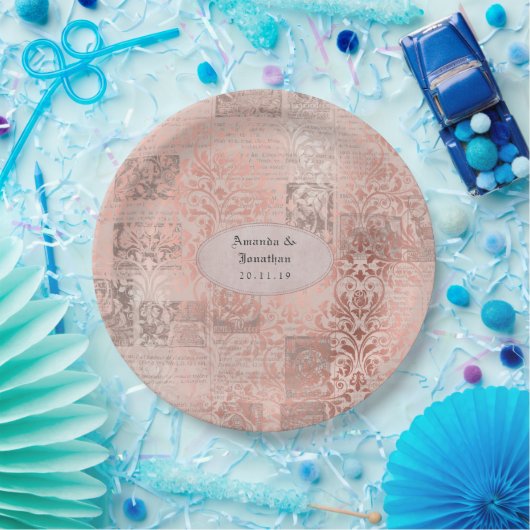 Roze Gouden Shabby-Chic Damast Bruiloft Papieren Bordje (Feest)