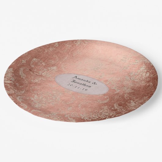 Roze Gouden Shabby-Chic Damast Bruiloft Papieren Bordje (Gekanteld)