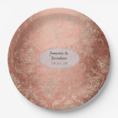 Roze Gouden Shabby-Chic Damast Bruiloft Papieren Bordje (Voorkant)