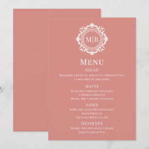 Roze Gouden Sierlijke Bloemige Monogram Bruiloft Menu