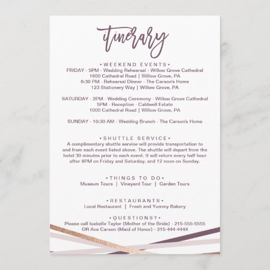 Roze Gouden Slierten Welkomstbrief & Reisprogramma Programmakaart (Achterkant)