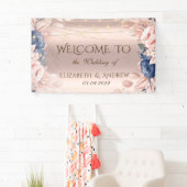 Roze Gouden Slingerlichten Blauwe Rozen Bruiloft Spandoek (Insitu)