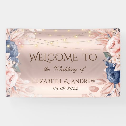 Roze Gouden Slingerlichten Blauwe Rozen Bruiloft Spandoek (Horizontaal)