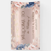 Roze Gouden Slingerlichten Blauwe Rozen Bruiloft Spandoek (Verticaal)