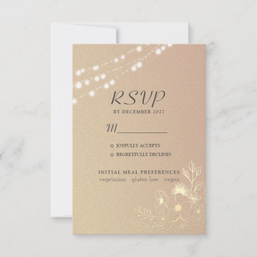 Roze Gouden Slingerlichten Bruiloft RSVP Kaart (Voorkant)