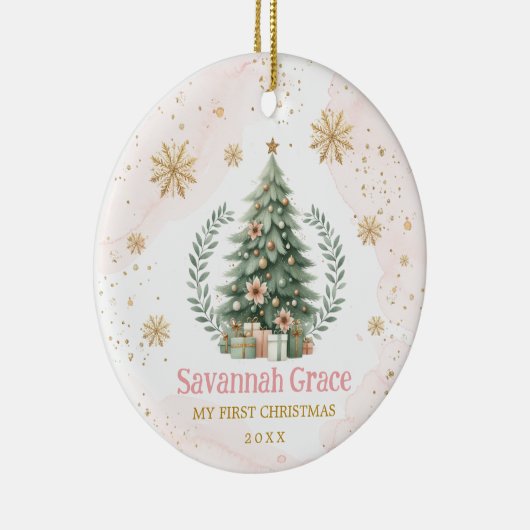 Roze Gouden Sneeuwvlok Baby 1e Kerstmis Keramisch Ornament (Rechts)