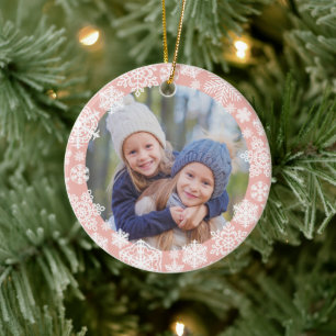 Roze Gouden Sneeuwvlok Merry and Bright Foto Keramisch Ornament