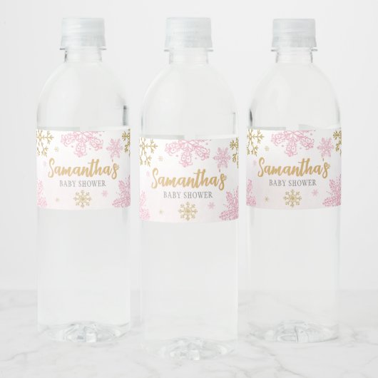 Roze Gouden Sneeuwvlokken Baby shower Waterfles Etiket (Flessen)
