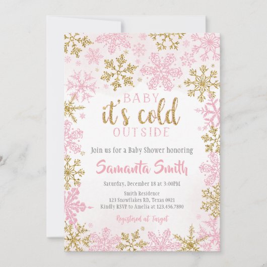 Roze Gouden Sneeuwvlokken Koud Buiten Baby shower Kaart (Voorkant)