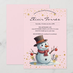 Roze & Gouden Sneeuwvlokken Sneeuwman Baby Shower Kaart