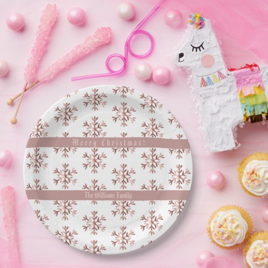 Roze Gouden Sneeuwvlokken Sneeuwvlok Patroon Kerst Papieren Bordje (Feest)