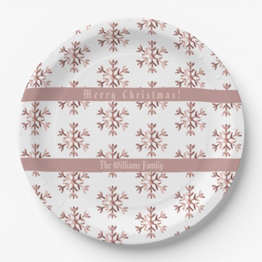 Roze Gouden Sneeuwvlokken Sneeuwvlok Patroon Kerst Papieren Bordje (Voorkant)