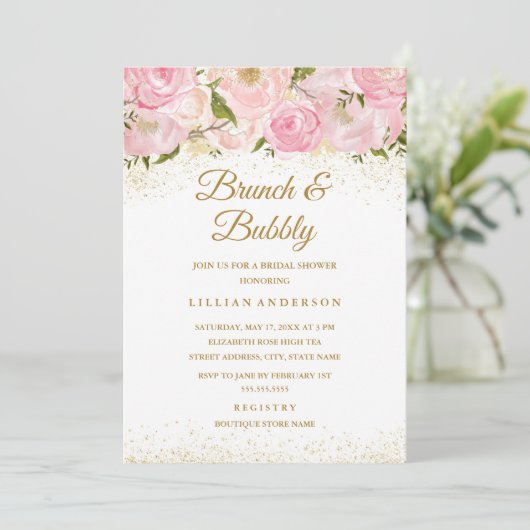 Roze Gouden Sparkle Roos Brunch en Bubbly Shower Kaart (Staand voorkant)
