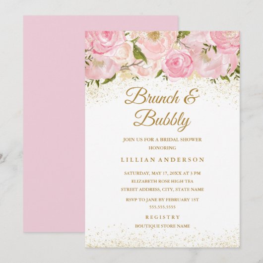 Roze Gouden Sparkle Roos Brunch en Bubbly Shower Kaart (Voorkant / Achterkant)